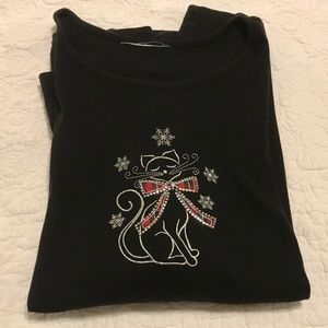 Karen Scott black long sleeved top embroidered with holiday cat! (2/3X)